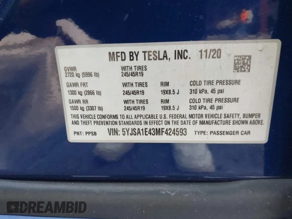 ✅ 2021 Tesla Model S Performance • VIN: 5YJSA1E43MF424593 • Lot: 42198084. Listed on IAAI with 74,546 mi. Free auction sales archive from the USA and detailed vehicle history report at DreamBid. Image 9.