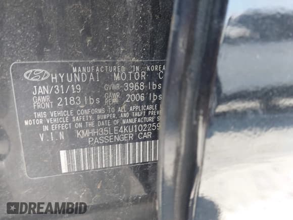 ✅ 2019 Hyundai Elantra • VIN: KMHH35LE4KU102259 • Lot: 42075775. Listed on IAAI with 75,830 mi. Free auction sales archive from the USA and detailed vehicle history report at DreamBid. Image 9.