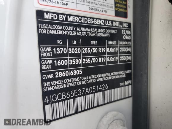 ✅ 2007 Mercedes-Benz R 3.5L • VIN: 4JGCB65E37A051426 • Lot: 43087465. Listed on Copart with 188,093 mi. Free auction sales archive from the USA and detailed vehicle history report at DreamBid. Image 12.