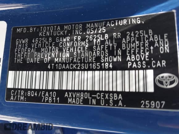 2025 Toyota Camry LE с VIN 4T1DAACK2SU165184, выставлен на аукционе IAAI как лот 42970238 с пробегом 660 миль миль и . История ставок и продаж доступна на DreamBid. Изображение 9.