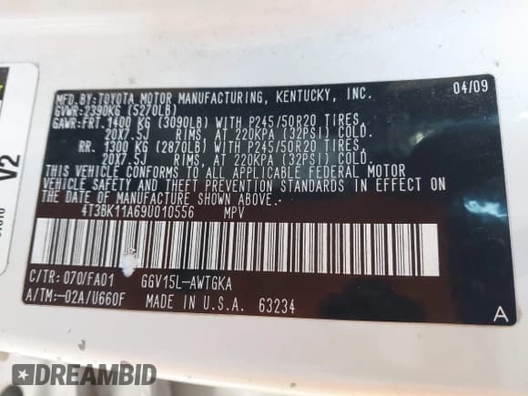 ✅ 2009 Toyota Venza • VIN: 4T3BK11A69U010556 • Lot: 41988136. Listed on IAAI with 207,477 mi. Free auction sales archive from the USA and detailed vehicle history report at DreamBid. Image 9.