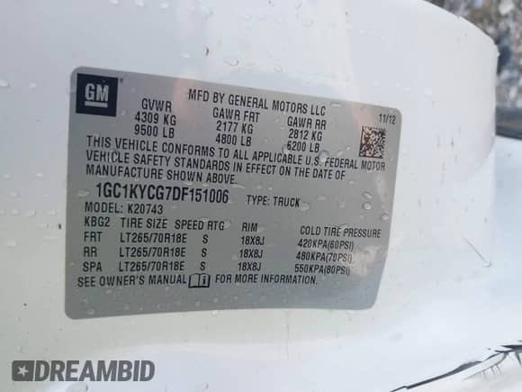 2013 Chevrolet Silverado 2500HD LTZ with VIN 1GC1KYCG7DF151006, listed as a IAAI auction lot 43263484 with 129,989 mi miles and . Bid and sale history available at DreamBid. Image 9.