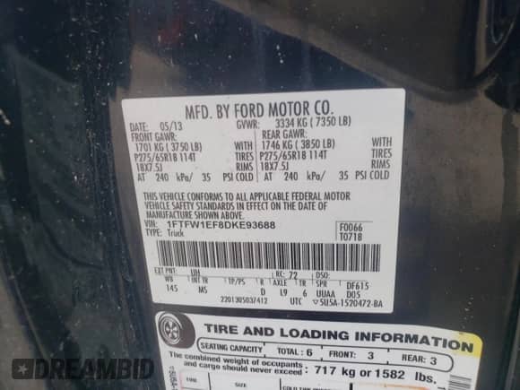 2013 Ford F-150 XLT z VIN 1FTFW1EF8DKE93688, wystawiony jako Copart lot #84923875 z przebiegiem 93 730 mil mil oraz Czysty tytuł • Clean title. Historia ofert i sprzedaży dostępna na DreamBid. Obrazek 13.