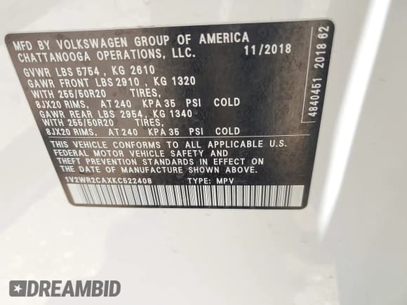 ✅ 2019 Volkswagen Atlas SE • VIN: 1V2WR2CAXKC522408 • Lot: 42684633. Wystawiony na IAAI z przebiegiem 126 337 mil. Bezpłatny archiwum sprzedaży aukcyjnych z USA i szczegółowy raport historii pojazdu na DreamBid. Zdjęcie 9.