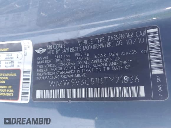 ✅ 2011 MINI Hardtop S • VIN: WMWSV3C51BTY21836 • Lot: 43622232. Listed on IAAI with 124,657 mi. Free auction sales archive from the USA and detailed vehicle history report at DreamBid. Image 9.