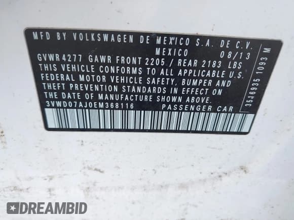 ✅ 2014 Volkswagen Jetta SE • VIN: 3VWD07AJ0EM368116 • Lot: 43112229. Listed on IAAI with 189,134 mi. Free auction sales archive from the USA and detailed vehicle history report at DreamBid. Image 9.