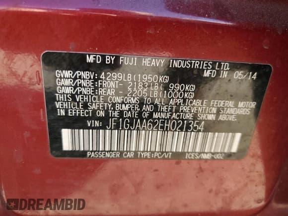 ✅ 2014 Subaru Impreza • VIN: JF1GJAA62EH021354 • Lot: 89457515. Wystawiony na Copart z przebiegiem 50 817 mil. Bezpłatny archiwum sprzedaży aukcyjnych z USA i szczegółowy raport historii pojazdu na DreamBid. Zdjęcie 12.