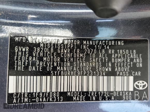 ✅ 2015 Toyota Corolla LE • VIN: 5YFBURHE9FP231334 • Лот: 66401265. Опубликован ранее на Copart с пробегом Не указан. Бесплатный доступ к архиву аукционных продаж из США и подробный отчёт об истории автомобиля на DreamBid. Изображение 13.