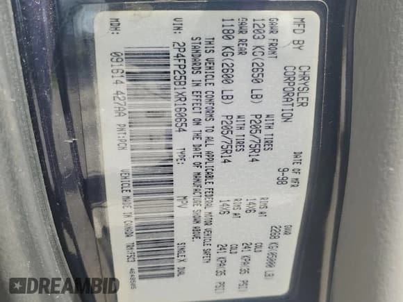 ✅ 1999 Plymouth Voyager • VIN: 2P4FP25B1XR160654 • Lot: 65941174. Wystawiony na Copart z przebiegiem Nie podano. Bezpłatny archiwum sprzedaży aukcyjnych z USA i szczegółowy raport historii pojazdu na DreamBid. Zdjęcie 15.