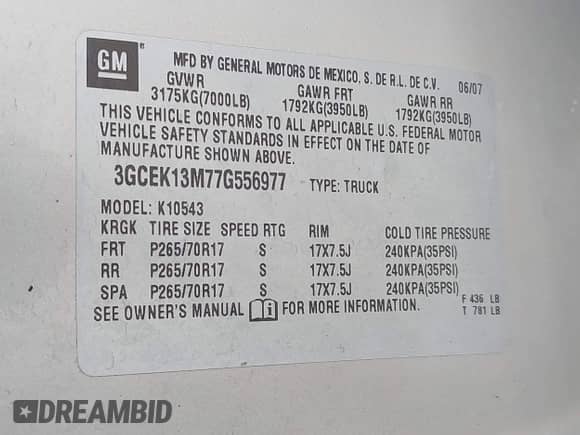 2007 Chevrolet Silverado 1500 1LT with VIN 3GCEK13M77G556977, listed as a IAAI auction lot 42522105 with 298,174 mi miles and . Bid and sale history available at DreamBid. Image 9.