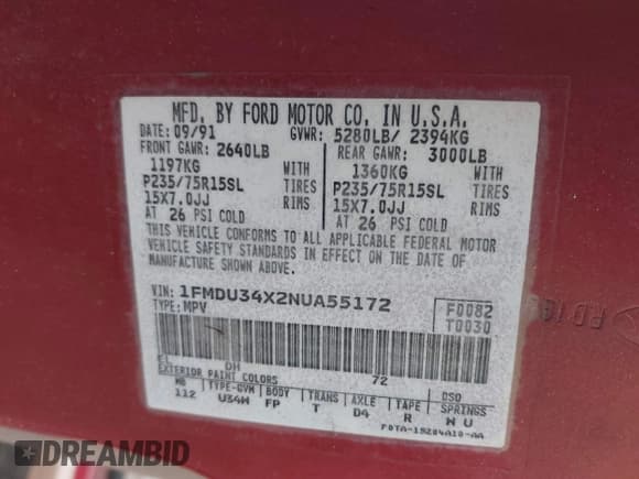 ✅ 1992 Ford Explorer Eddie Bauer • VIN: 1FMDU34X2NUA55172 • Lot: 43221376. Listed on IAAI with 84,941 mi. Free auction sales archive from the USA and detailed vehicle history report at DreamBid. Image 9.