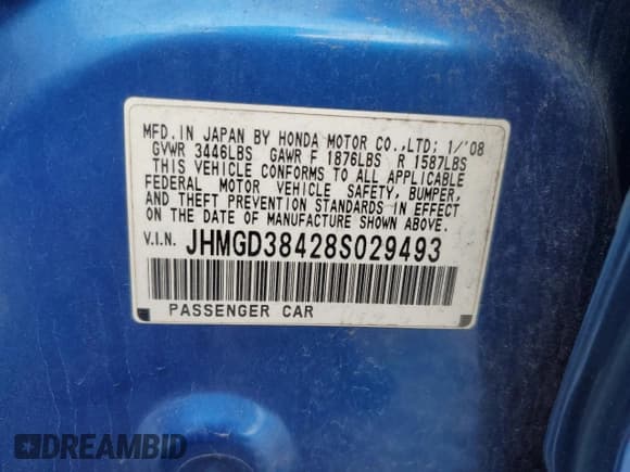 ✅ 2008 Honda Fit • VIN: JHMGD38428S029493 • Lot: 93089455. Listed on Copart with 247,843 mi. Free auction sales archive from the USA and detailed vehicle history report at DreamBid. Image 12.