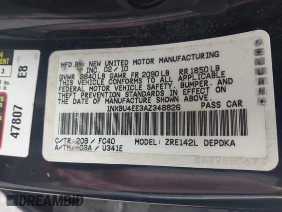 ✅ 2010 Toyota Corolla LE • VIN: 1NXBU4EE3AZ348826 • Lot: 43652546. Listed on IAAI with 201,329 mi. Free auction sales archive from the USA and detailed vehicle history report at DreamBid. Image 9.