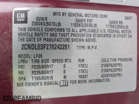 ✅ 2007 Chevrolet Equinox LT • VIN: 2CNDL63F276242281 • Лот: 41903233. Опубликован ранее на IAAI с пробегом 207 923 миль. Бесплатный доступ к архиву аукционных продаж из США и подробный отчёт об истории автомобиля на DreamBid. Изображение 9.