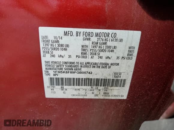 ✅ 2015 Ford Explorer Limited • VIN: 1FM5K8F89FGB05742 • Lot: 51258725. Listed on Copart with 143,928 mi. Free auction sales archive from the USA and detailed vehicle history report at DreamBid. Image 14.