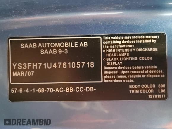 ✅ 2007 Saab 9-3 Aero • VIN: YS3FH71U476105718 • Lot: 71498225. Wystawiony na Copart z przebiegiem 85 421 mil. Bezpłatny archiwum sprzedaży aukcyjnych z USA i szczegółowy raport historii pojazdu na DreamBid. Zdjęcie 12.