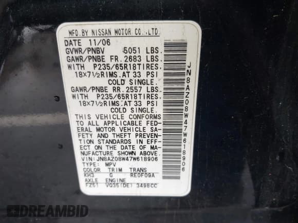 ✅ 2007 Nissan Murano SE • VIN: JN8AZ08W47W618906 • Lot: 41962559. Listed on IAAI with 162,708 mi. Free auction sales archive from the USA and detailed vehicle history report at DreamBid. Image 9.