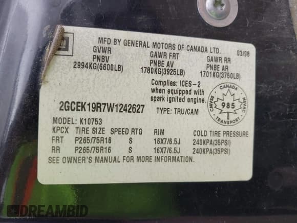 ✅ 1998 Chevrolet Silverado 1500 • VIN: 2GCEK19R7W1242627 • Lot: 42835734. Wystawiony na IAAI z przebiegiem 202 391 mil. Bezpłatny archiwum sprzedaży aukcyjnych z USA i szczegółowy raport historii pojazdu na DreamBid. Zdjęcie 9.