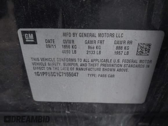 ✅ 2012 Chevrolet Cruze 1LT • VIN: 1G1PF5SC1C7155047 • Лот: 43453501. Опубликован ранее на IAAI с пробегом 135 839 миль. Бесплатный доступ к архиву аукционных продаж из США и подробный отчёт об истории автомобиля на DreamBid. Изображение 9.