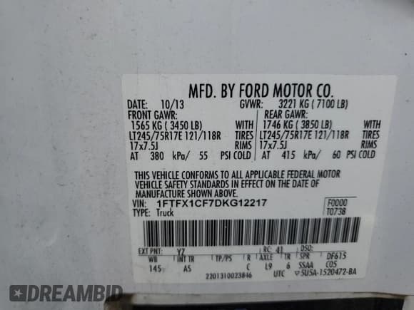 ✅ 2013 Ford F-150 XL • VIN: 1FTFX1CF7DKG12217 • Lot: 60884535. Listed on Copart with 274,243 mi. Free auction sales archive from the USA and detailed vehicle history report at DreamBid. Image 12.