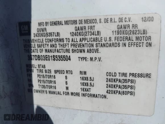 ✅ 2001 Pontiac Aztek • VIN: 3G7DB03E01S535504 • Lot: 42625146. Wystawiony na IAAI z przebiegiem Nie podano. Bezpłatny archiwum sprzedaży aukcyjnych z USA i szczegółowy raport historii pojazdu na DreamBid. Zdjęcie 9.