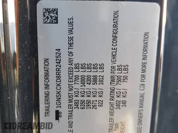 2024 Chevrolet Suburban LT z VIN 1GNSKCKD8RR242524, wystawiony jako Copart lot #91061085 z przebiegiem 61 707 mil mil oraz Czysty tytuł • Clean title. Historia ofert i sprzedaży dostępna na DreamBid. Obrazek 13.