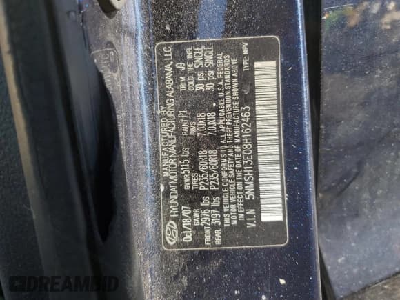 ✅ 2008 Hyundai Santa Fe SE • VIN: 5NMSH13E08H162463 • Lot: 87058995. Listed on Copart with 227,180 mi. Free auction sales archive from the USA and detailed vehicle history report at DreamBid. Image 12.