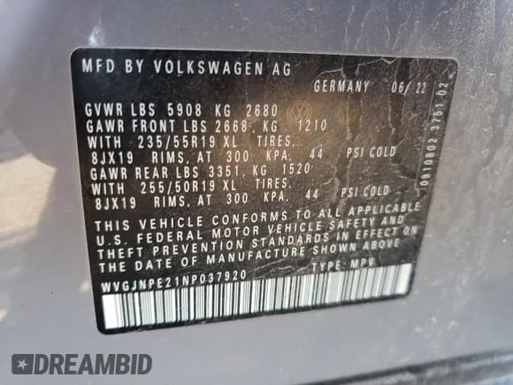 ✅ 2022 Volkswagen ID.4 Pro • VIN: WVGJNPE21NP037920 • Lot: 70427805. Wystawiony na Copart z przebiegiem Nie podano. Bezpłatny archiwum sprzedaży aukcyjnych z USA i szczegółowy raport historii pojazdu na DreamBid. Zdjęcie 13.