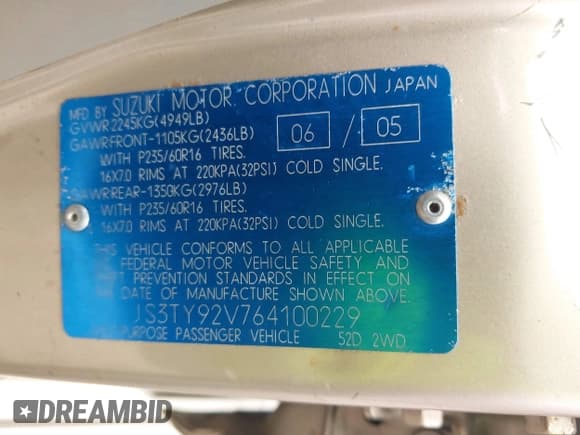 ✅ 2006 Suzuki XL7 • VIN: JS3TY92V764100229 • Lot: 42423900. Listed on IAAI with Not provided. Free auction sales archive from the USA and detailed vehicle history report at DreamBid. Image 9.