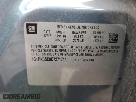 ✅ 2012 Chevrolet Cruze ECO • VIN: 1G1PK5SC8C7271714 • Lot: 86545775. Listed on Copart with 110,225 mi. Free auction sales archive from the USA and detailed vehicle history report at DreamBid. Image 13.