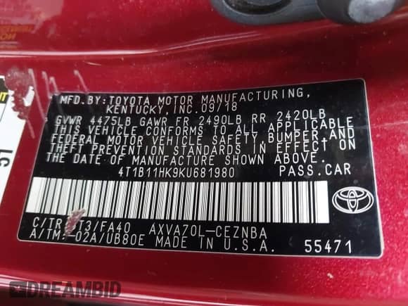 2019 Toyota Camry LE with VIN 4T1B11HK9KU681980, listed as a IAAI auction lot 43083575 with 117,268 mi miles and . Bid and sale history available at DreamBid. Image 9.