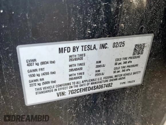 ✅ 2025 Tesla Cybertruck • VIN: 7G2CEHED4SA067482 • Lot: 65383115. Listed on Copart with Not provided. Free auction sales archive from the USA and detailed vehicle history report at DreamBid. Image 14.