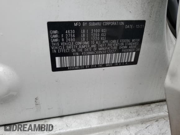 ✅ 2022 Subaru Legacy Premium • VIN: 4S3BWAC68N3012027 • Lot: 53644225. Listed on Copart with 180,168 mi. Free auction sales archive from the USA and detailed vehicle history report at DreamBid. Image 14.