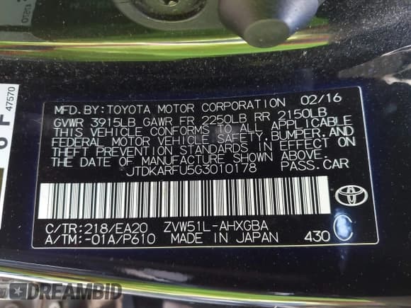 ✅ 2016 Toyota Prius Four • VIN: JTDKARFU5G3010178 • Lot: 43346635. Listed on IAAI with 106,100 mi. Free auction sales archive from the USA and detailed vehicle history report at DreamBid. Image 9.