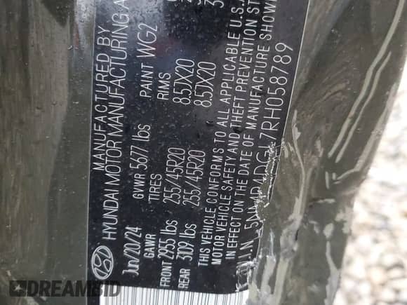 2024 Hyundai Santa Fe Limited с VIN 5NMP4DGL7RH058789, выставлен на аукционе Copart как лот 85539304 с пробегом Не указан миль и Списание • Salvage title. История ставок и продаж доступна на DreamBid. Изображение 12.