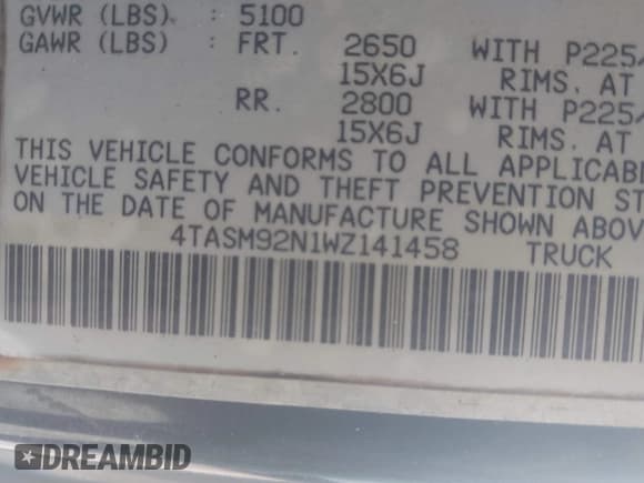 ✅ 1998 Toyota Tacoma • VIN: 4TASM92N1WZ141458 • Лот: 42348443. Опубликован ранее на IAAI с пробегом 108 860 миль. Бесплатный доступ к архиву аукционных продаж из США и подробный отчёт об истории автомобиля на DreamBid. Изображение 9.