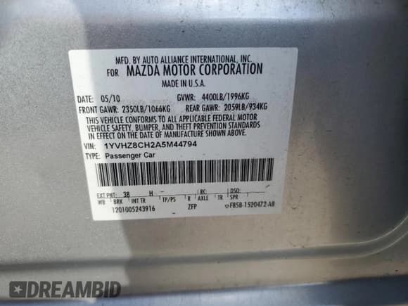 ✅ 2010 Mazda 6 i Touring • VIN: 1YVHZ8CH2A5M44794 • Lot: 80824115. Wystawiony na Copart z przebiegiem 124 599 mil. Bezpłatny archiwum sprzedaży aukcyjnych z USA i szczegółowy raport historii pojazdu na DreamBid. Zdjęcie 12.