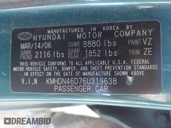 2006 Hyundai Elantra GLS with VIN KMHDN46D76U319638, listed as a IAAI auction lot 43455200 with 158,184 mi miles and . Bid and sale history available at DreamBid. Image 9.