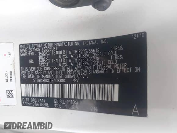 2011 Toyota Sienna XLE AAS with VIN 5TDYK3DCXBS109388, listed as a IAAI auction lot 43458840 with 177,543 mi miles and . Bid and sale history available at DreamBid. Image 9.