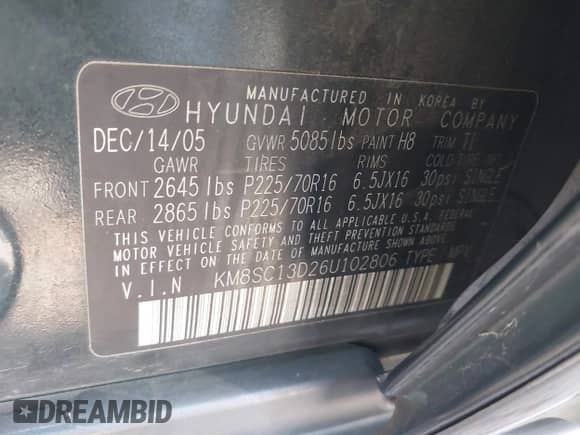 2006 Hyundai Santa Fe GLS с VIN KM8SC13D26U102806, выставлен на аукционе IAAI как лот 41609770 с пробегом 78 837 миль миль и . История ставок и продаж доступна на DreamBid. Изображение 9.
