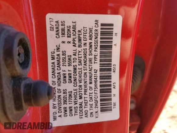 ✅ 2017 Honda Civic EX-L • VIN: 2HGFC1F75HH643142 • Lot: 89876225. Listed on Copart with 109,272 mi. Free auction sales archive from the USA and detailed vehicle history report at DreamBid. Image 12.