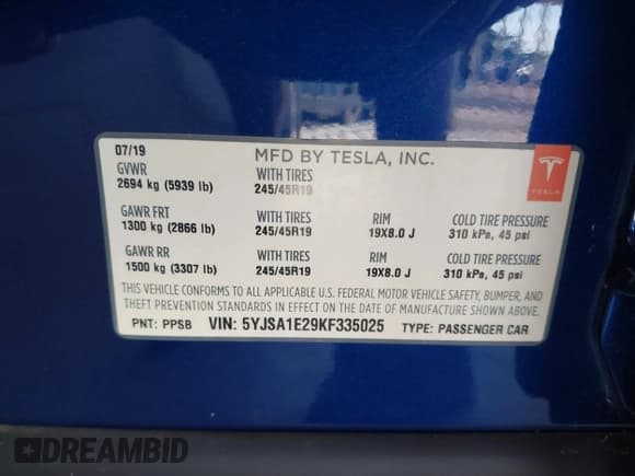 ✅ 2019 Tesla Model S 75D • VIN: 5YJSA1E29KF335025 • Lot: 42912716. Listed on IAAI with 49,457 mi. Free auction sales archive from the USA and detailed vehicle history report at DreamBid. Image 9.
