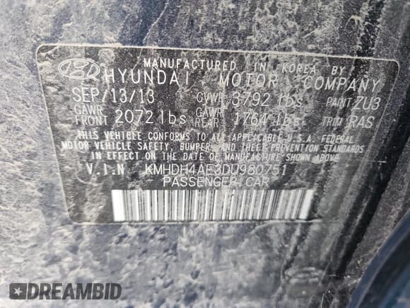 ✅ 2013 Hyundai Elantra GLS • VIN: KMHDH4AE3DU980751 • Lot: 86332485. Listed on Copart with Not provided. Free auction sales archive from the USA and detailed vehicle history report at DreamBid. Image 12.