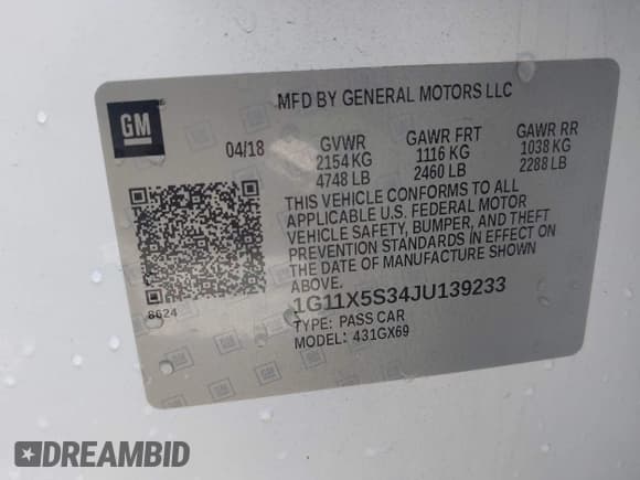 ✅ 2018 Chevrolet Impala LS • VIN: 1G11X5S34JU139233 • Лот: 42129522. Опубликован ранее на IAAI с пробегом 134 223 миль. Бесплатный доступ к архиву аукционных продаж из США и подробный отчёт об истории автомобиля на DreamBid. Изображение 9.