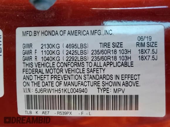 ✅ 2019 Honda CR-V EX • VIN: 5J6RW1H51KL004940 • Lot: 85937845. Listed on Copart with 75,210 mi. Free auction sales archive from the USA and detailed vehicle history report at DreamBid. Image 13.