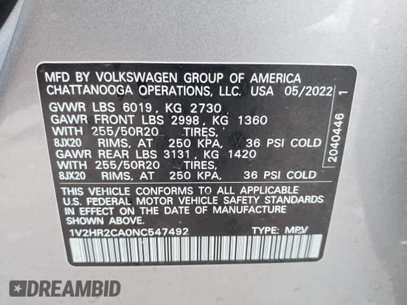 ✅ 2022 Volkswagen Atlas SE • VIN: 1V2HR2CA0NC547492 • Lot: 42819070. Listed on IAAI with 52,236 mi. Free auction sales archive from the USA and detailed vehicle history report at DreamBid. Image 9.