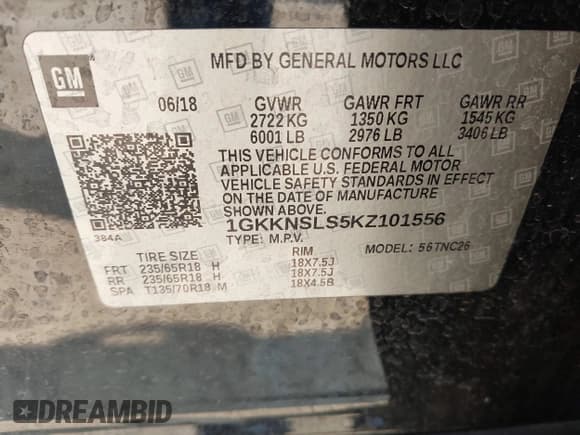 ✅ 2019 GMC Acadia SLE • VIN: 1GKKNSLS5KZ101556 • Lot: 42397049. Listed on IAAI with 159,189 mi. Free auction sales archive from the USA and detailed vehicle history report at DreamBid. Image 9.