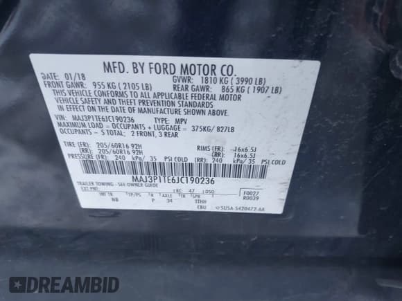 ✅ 2018 Ford EcoSport SE • VIN: MAJ3P1TE6JC190236 • Lot: 43872321. Listed on IAAI with 85,468 mi. Free auction sales archive from the USA and detailed vehicle history report at DreamBid. Image 9.