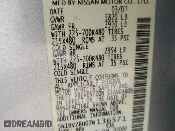 ✅ 2007 Nissan Quest SE • VIN: 5N1BV28U07N136571 • Lot: 84059455. Listed on Copart with 245,292 mi. Free auction sales archive from the USA and detailed vehicle history report at DreamBid. Image 13.