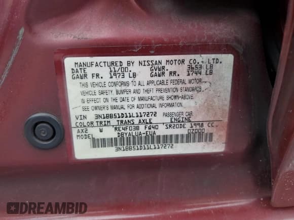 ✅ 2001 Nissan Sentra SE • VIN: 3N1BB51D11L117272 • Лот: 59564715. Опубликован ранее на Copart с пробегом Не указан. Бесплатный доступ к архиву аукционных продаж из США и подробный отчёт об истории автомобиля на DreamBid. Изображение 12.